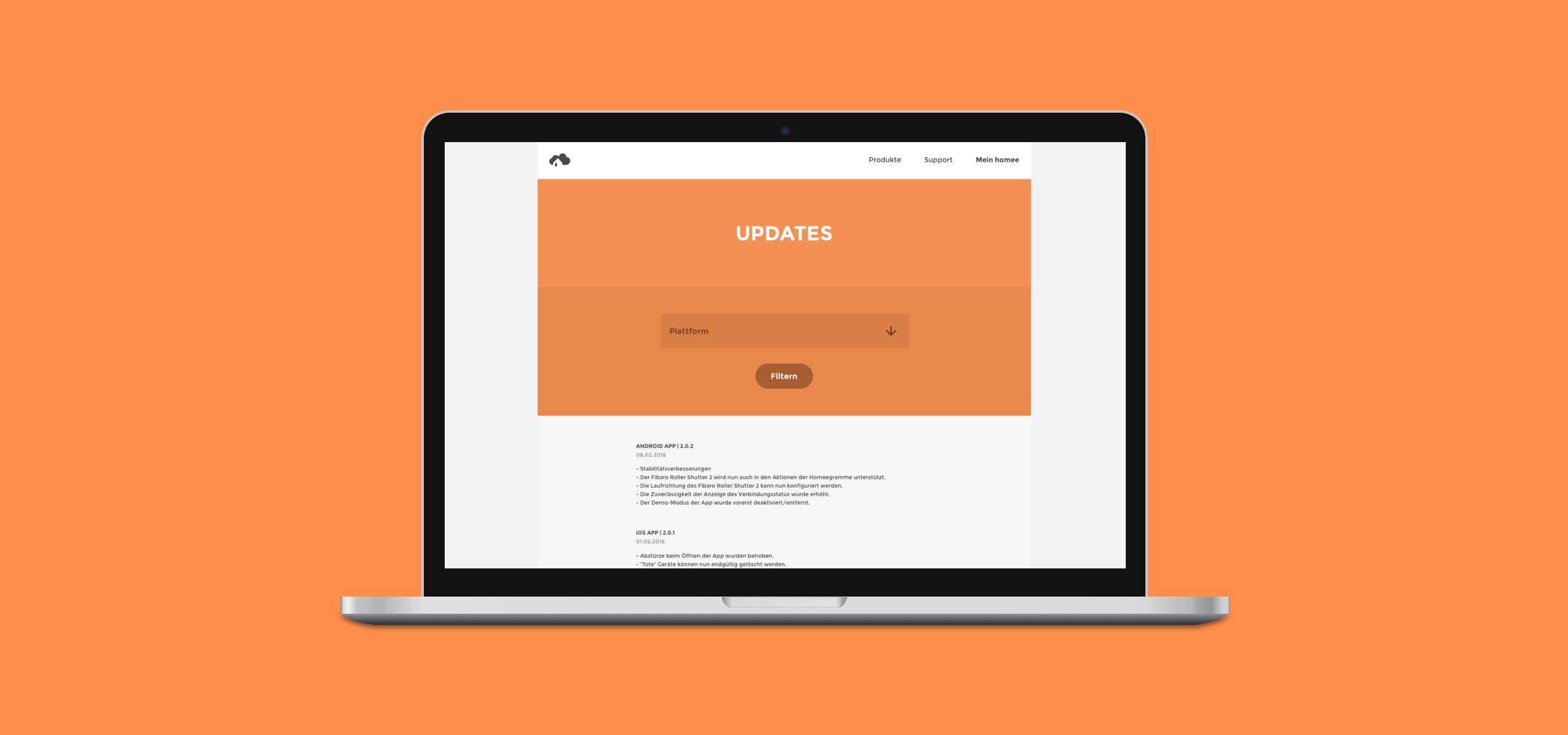 Updates page on the homee website